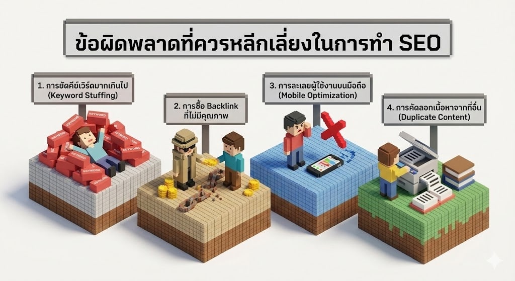 7 SEO service ยอดนิยมที่ช่วยให้เว็บไซต์ติดอันดับต้น ๆ จากการค้นหาบน Google 10 ข้อผิดพลาดที่ควรหลีกเลี่ยงในการทำ SEO