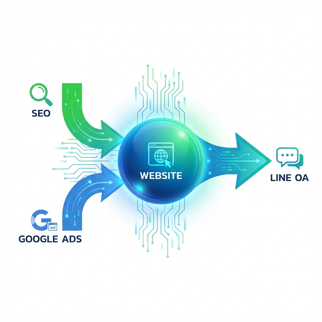Digital Marketing Ecosystem Diagram: Website, SEO, Ads, Line OA Integration