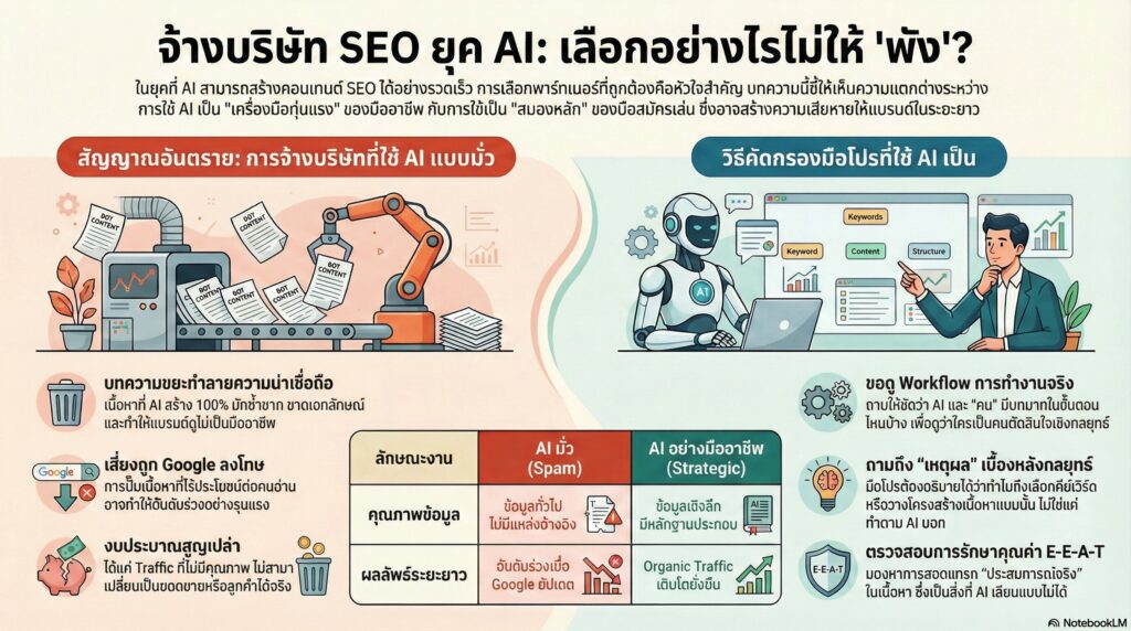 Consulting Tips วิธีเลือกจ้างบริษัท SEO ในยุค AI (ดูยังไงว่าใช้ AI มั่ว หรือใช้เป็น)