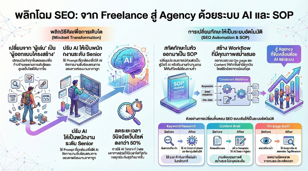 Freelance to Agency Mindset การขยายงาน SEO จากรับทำเอง สู่การสร้างทีมด้วย AI 3 กับดักรายได้และอุปสรรคที่มองไม่เห็นของคนทำ SEO