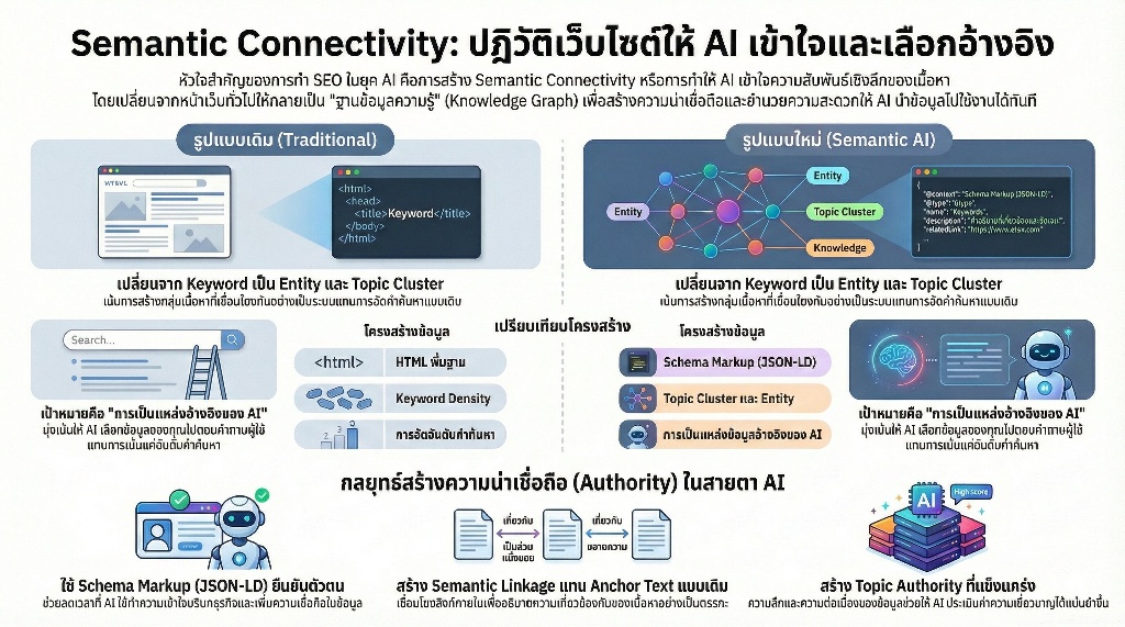 Technical Structure หัวข้อการปรับปรุงโครงสร้างเว็บไซต์เพื่อรองรับ AI SEO 4 กุญแจสำคัญคือการสร้าง Semantic Connectivity
