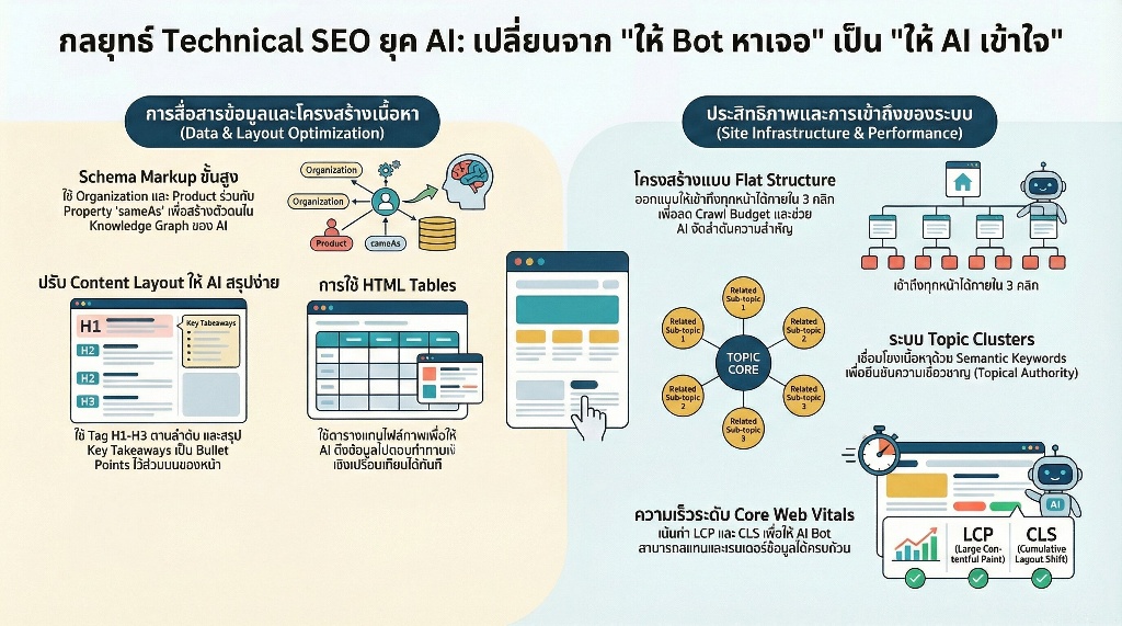 Technical Structure หัวข้อการปรับปรุงโครงสร้างเว็บไซต์เพื่อรองรับ AI SEO 5 ขั้นตอนปรับโครงสร้างเทคนิคอลเพื่อครองพื้นที่ AI Search
