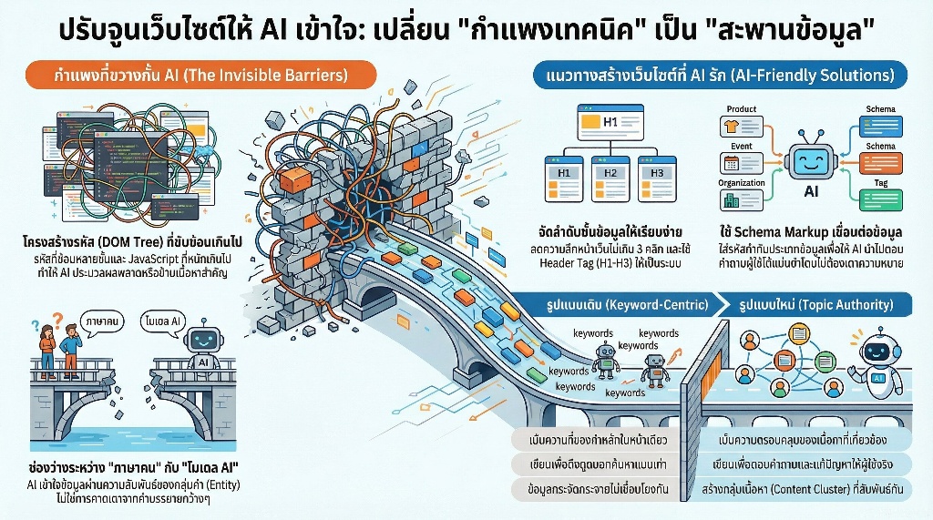 Technical Structure หัวข้อการปรับปรุงโครงสร้างเว็บไซต์เพื่อรองรับ AI SEO 3 ปัญหาที่มองไม่เห็นซึ่งขัดขวางไม่ให้ AI เข้าถึงข้อมูล