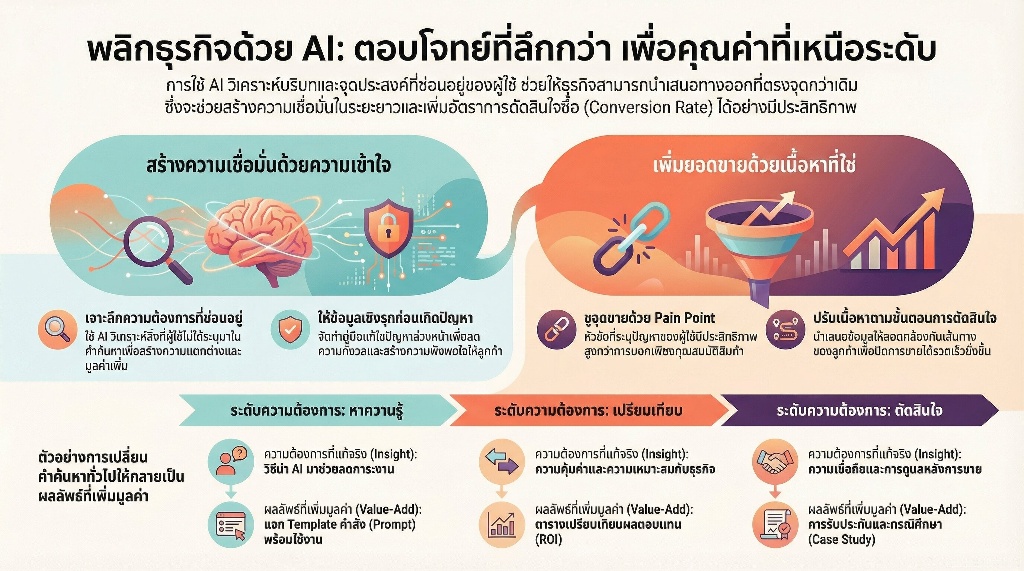 วิเคราะห์ Search Intent หัวข้อเทคนิคการใช้ AI ค้นหาความต้องการที่แท้จริงของผู้ใช้ 5 ผลลัพธ์ที่เหนือกว่าเมื่อคุณตอบโจทย์ได้ลึกกว่าที่เขาขอ