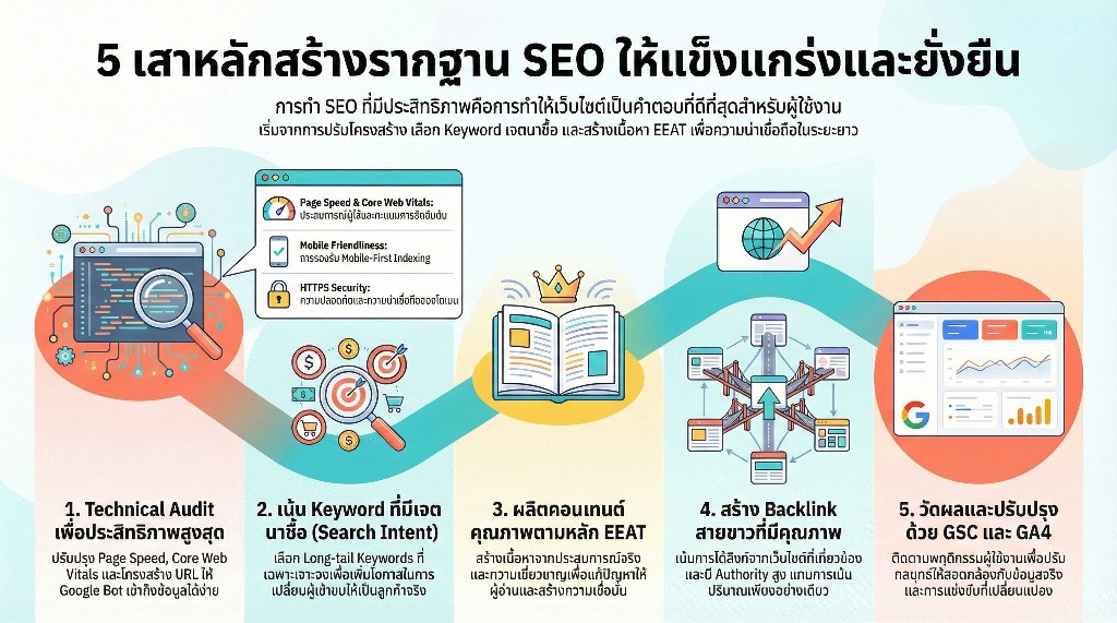 ยกระดับเว็บไซต์ด้วยกลยุทธ์ SEO คุณภาพ 5 เจาะลึกกระบวนการสร้างรากฐาน SEO ให้แข็งแกร่งและทรงพลัง