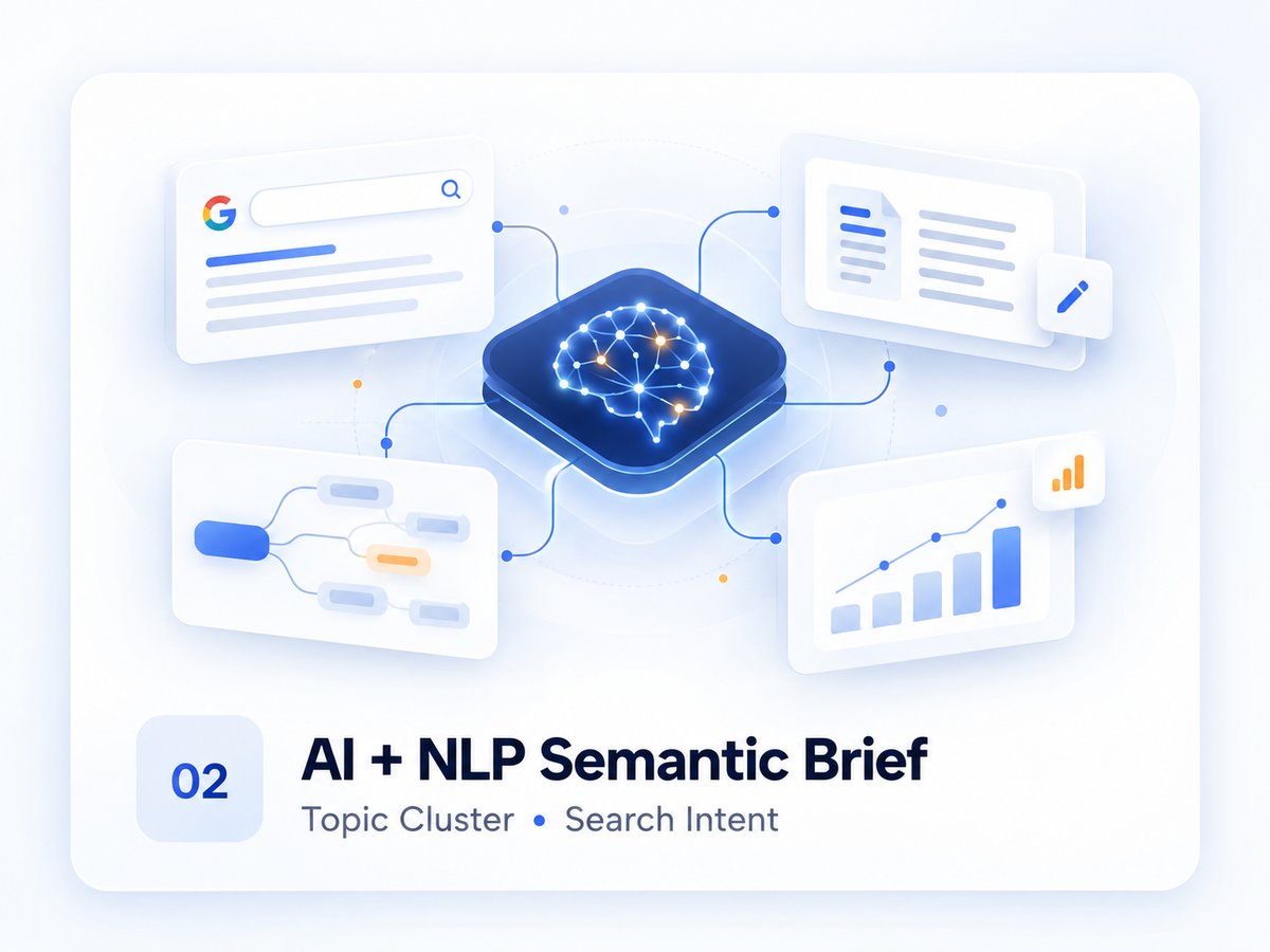ภาพระบบ AI และ Natural Language Processing (NLP) วางโครงข่าย Topic Cluster และจับ Search Intent เชิงลึก