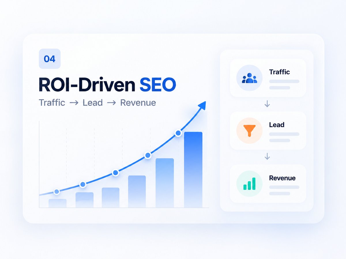 กราฟแสดงผลลัพธ์ SEO ที่เน้น ROI เปลี่ยน Organic Traffic สู่ Qualified Leads และยอดขายธุรกิจที่ยั่งยืน